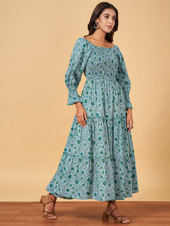 YU by Pantaloons Floral Printed Puff Sleeve Pure Cotton Fit & Flare Maxi Ethnic Dresses