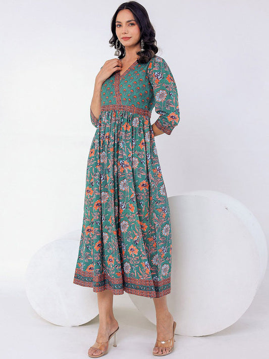GULAB CHAND TRENDS Floral Printed V-Neck Cotton Gathered Fit & Flare Midi Ethnic Dress