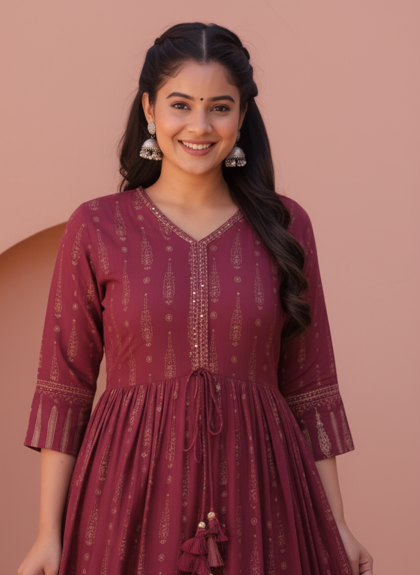 Viscose Floral Anarkali Maroon Dress