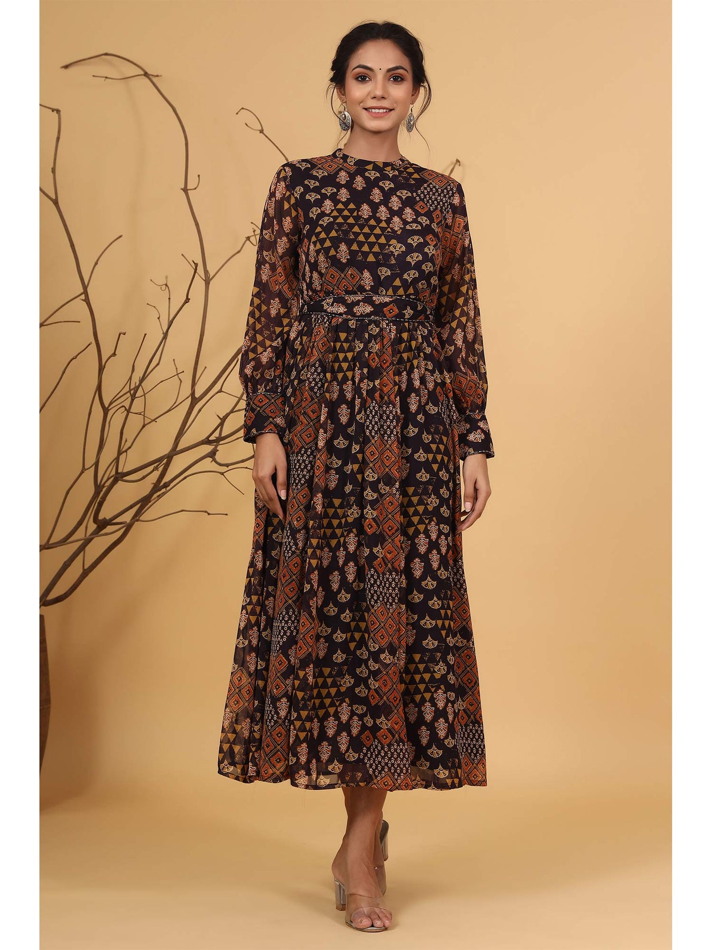 Black Ethnic Motif Printed Chiffon Flared Maxi Dress with Buttons.