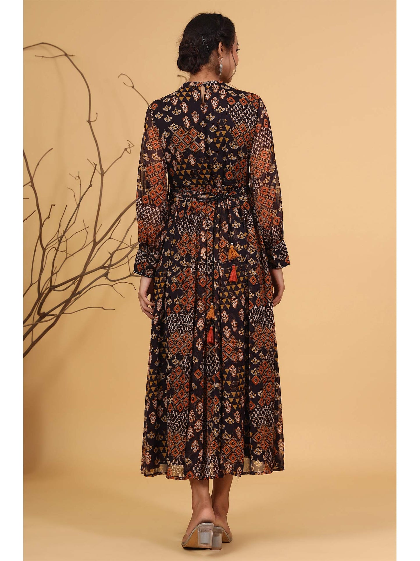 Black Ethnic Motif Printed Chiffon Flared Maxi Dress with Buttons.