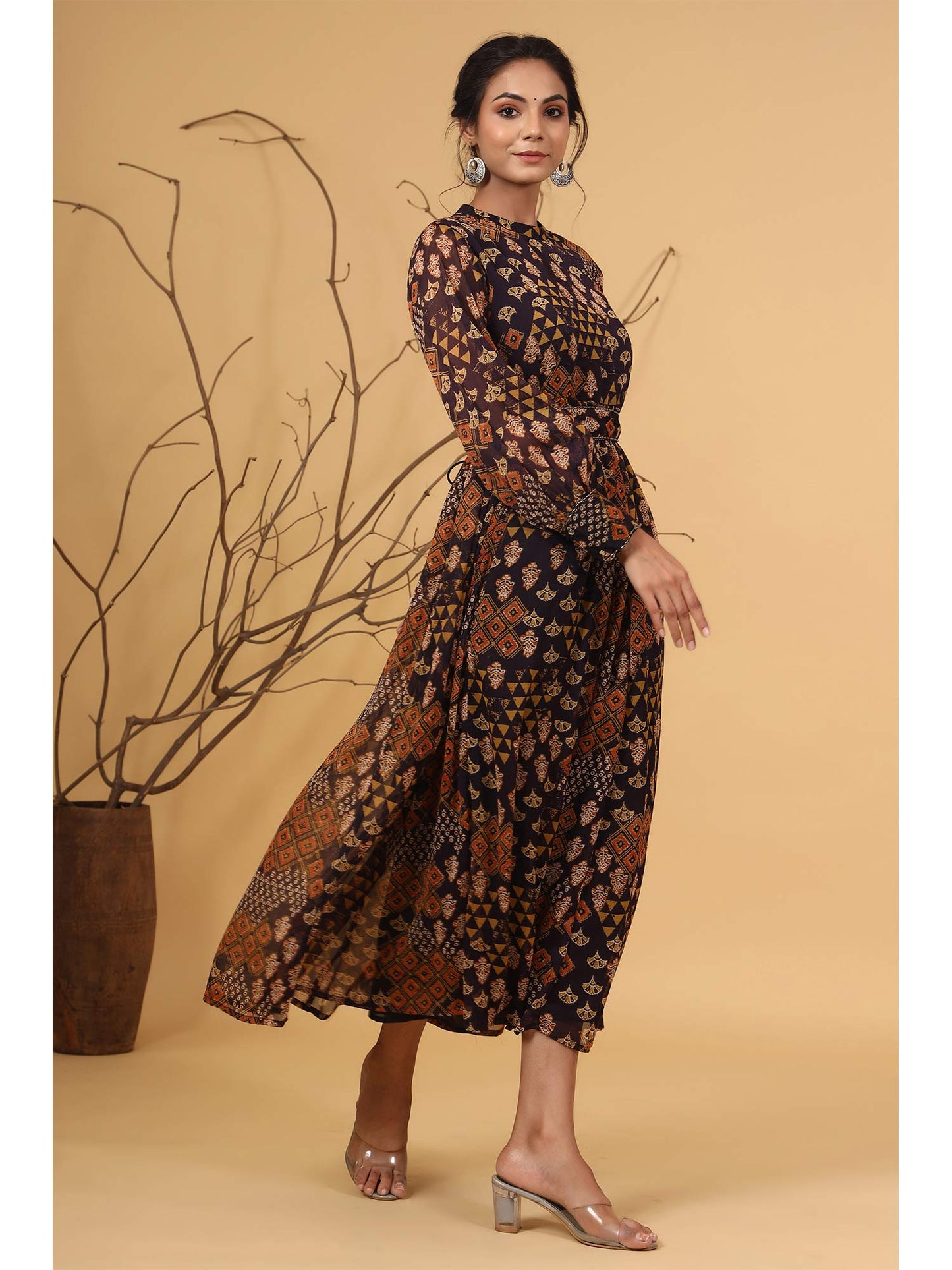 Black Ethnic Motif Printed Chiffon Flared Maxi Dress with Buttons.