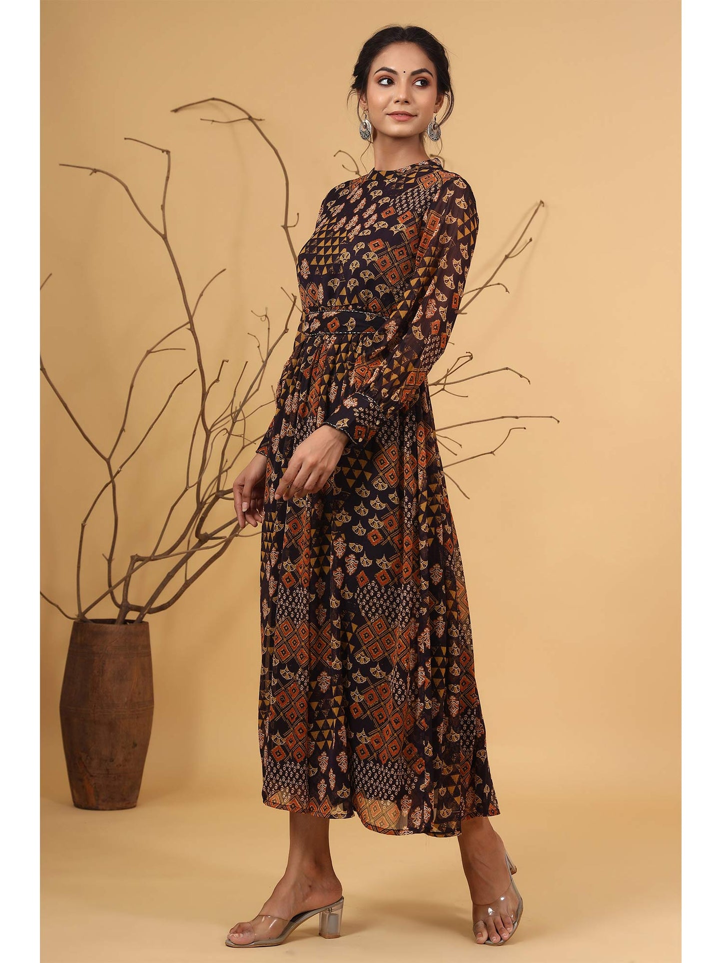 Black Ethnic Motif Printed Chiffon Flared Maxi Dress with Buttons.