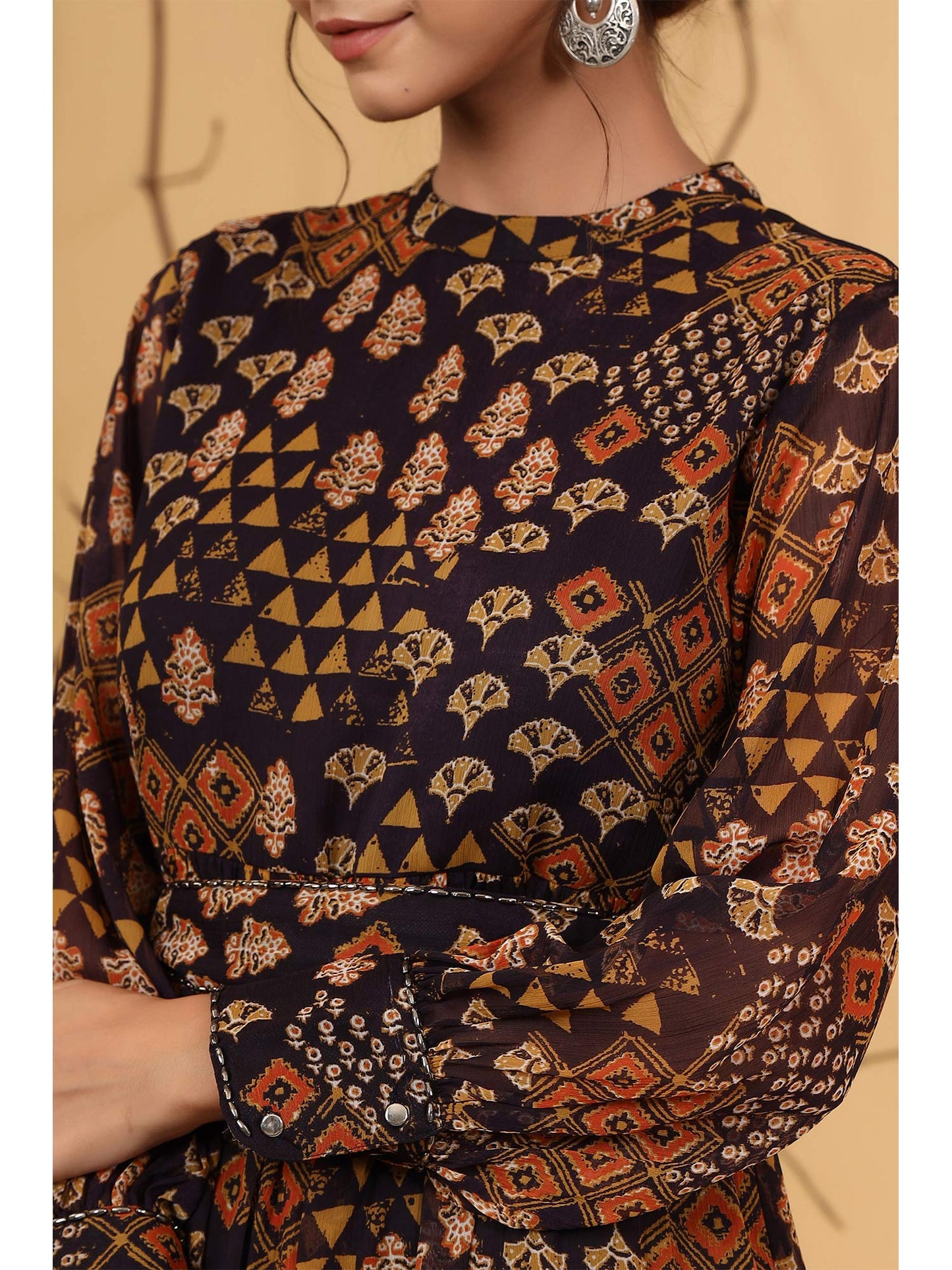 Black Ethnic Motif Printed Chiffon Flared Maxi Dress with Buttons.