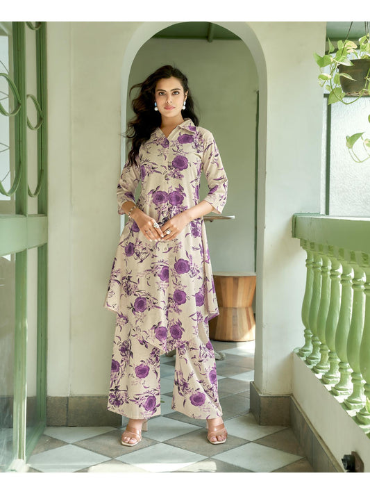 Women Cotton Blend Printed Purple Co-Ord (Set of 2)