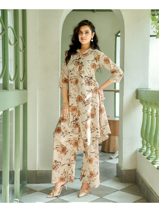 Women Cotton Blend Printed Brown Co-Ord (Set of 2)