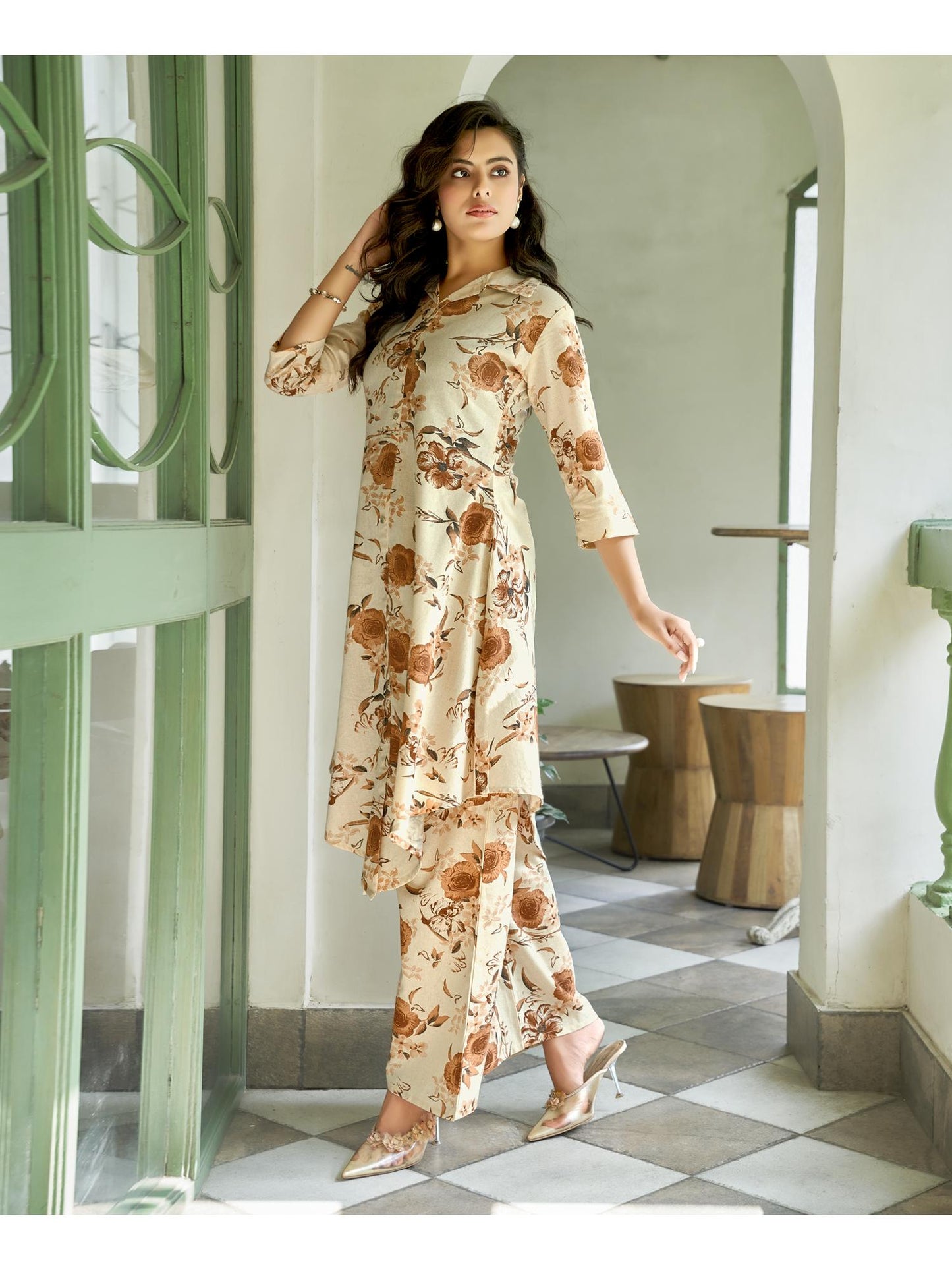 Women Cotton Blend Printed Brown Co-Ord (Set of 2)