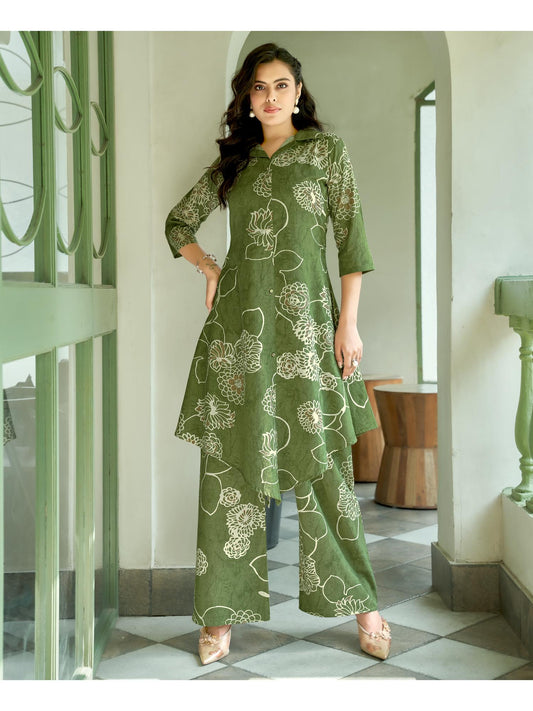 Women Cotton Blend Printed Green Co-Ord (Set of 2)