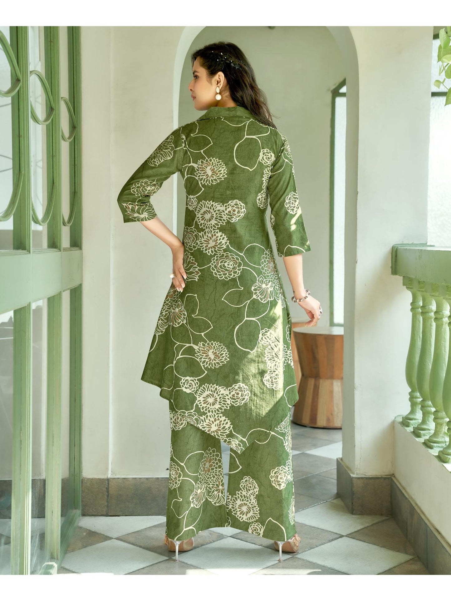 Women Cotton Blend Printed Green Co-Ord (Set of 2)