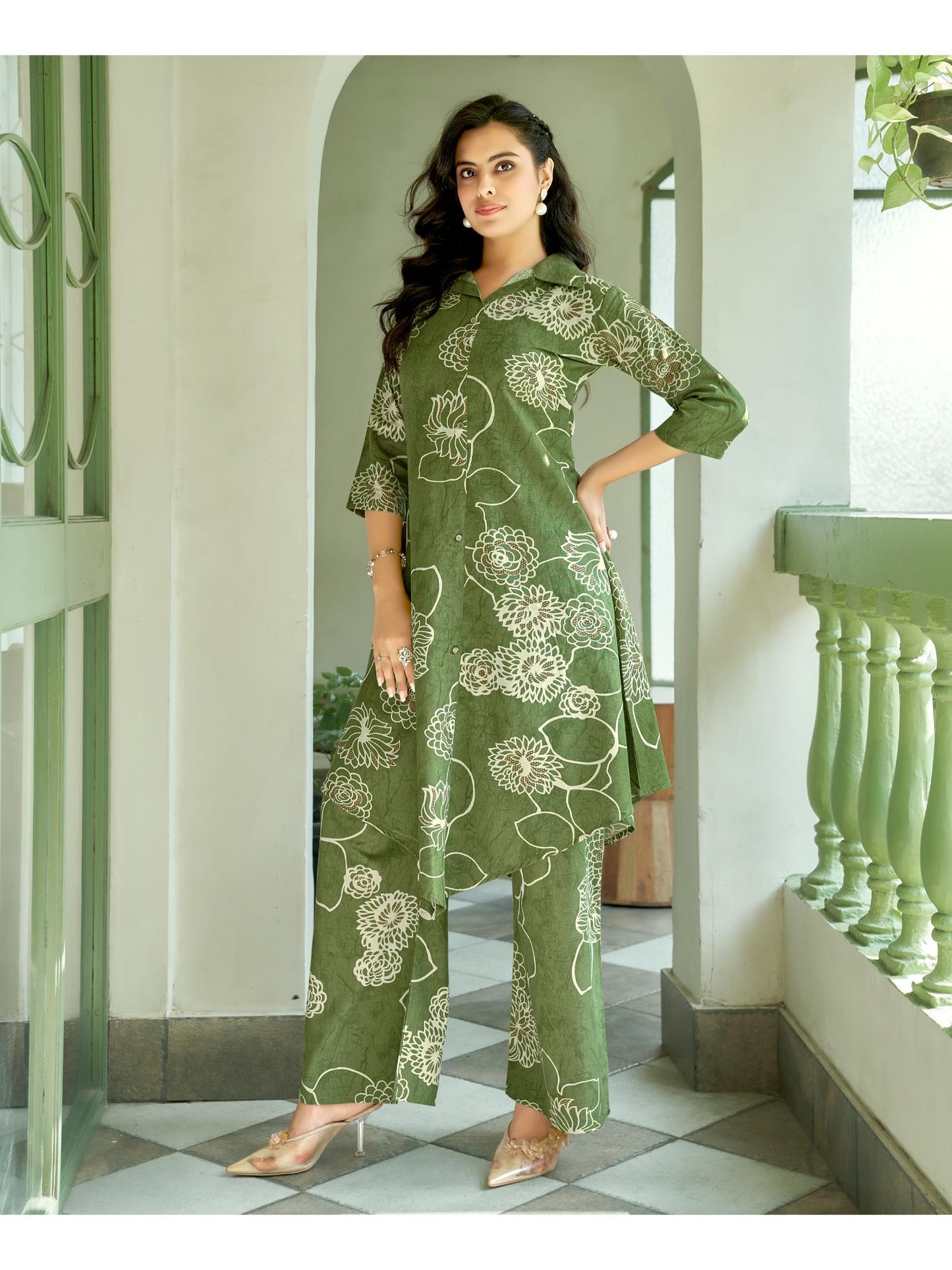 Women Cotton Blend Printed Green Co-Ord (Set of 2)