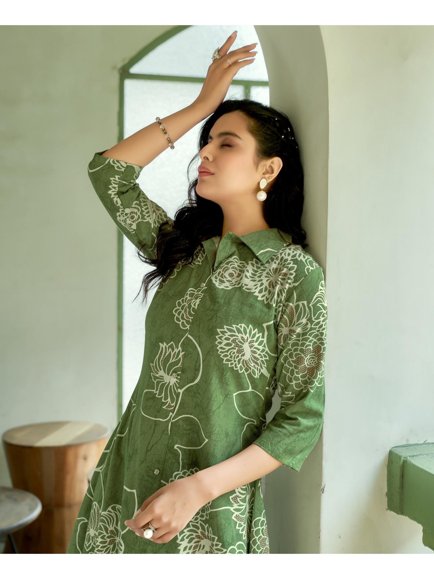 Women Cotton Blend Printed Green Co-Ord (Set of 2)