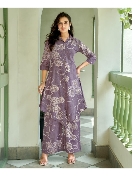 Women Cotton Blend Printed Lavender Co-Ord (Set of 2)