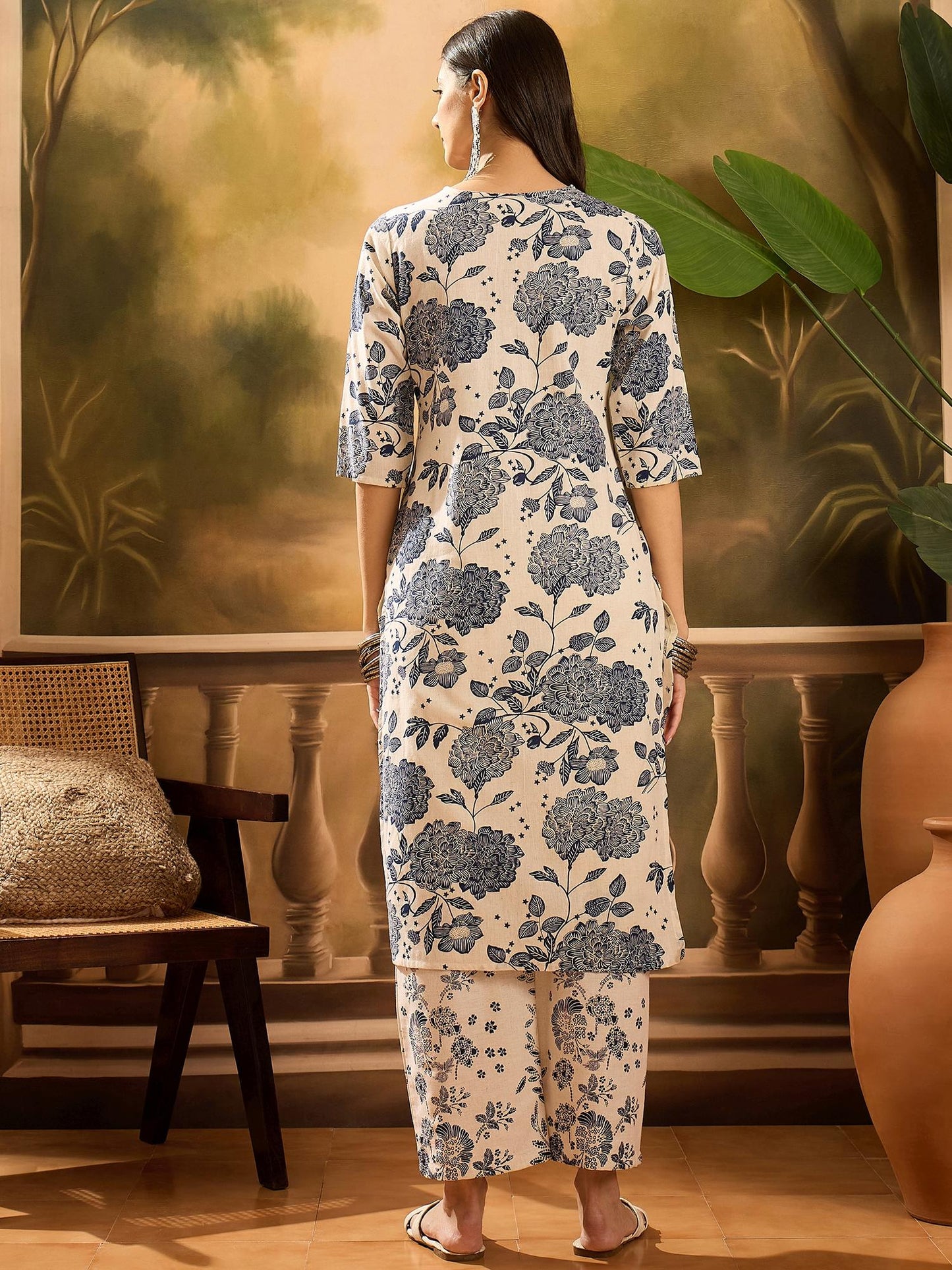 Women Pure Cotton Printed Cream Co-Ord (Set of 2)