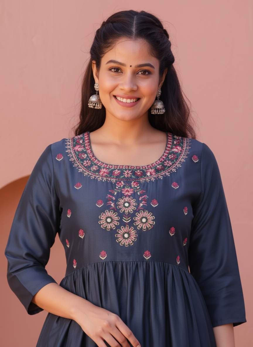 Embroidered Silk Crepe Solid Flared Blue Kurta