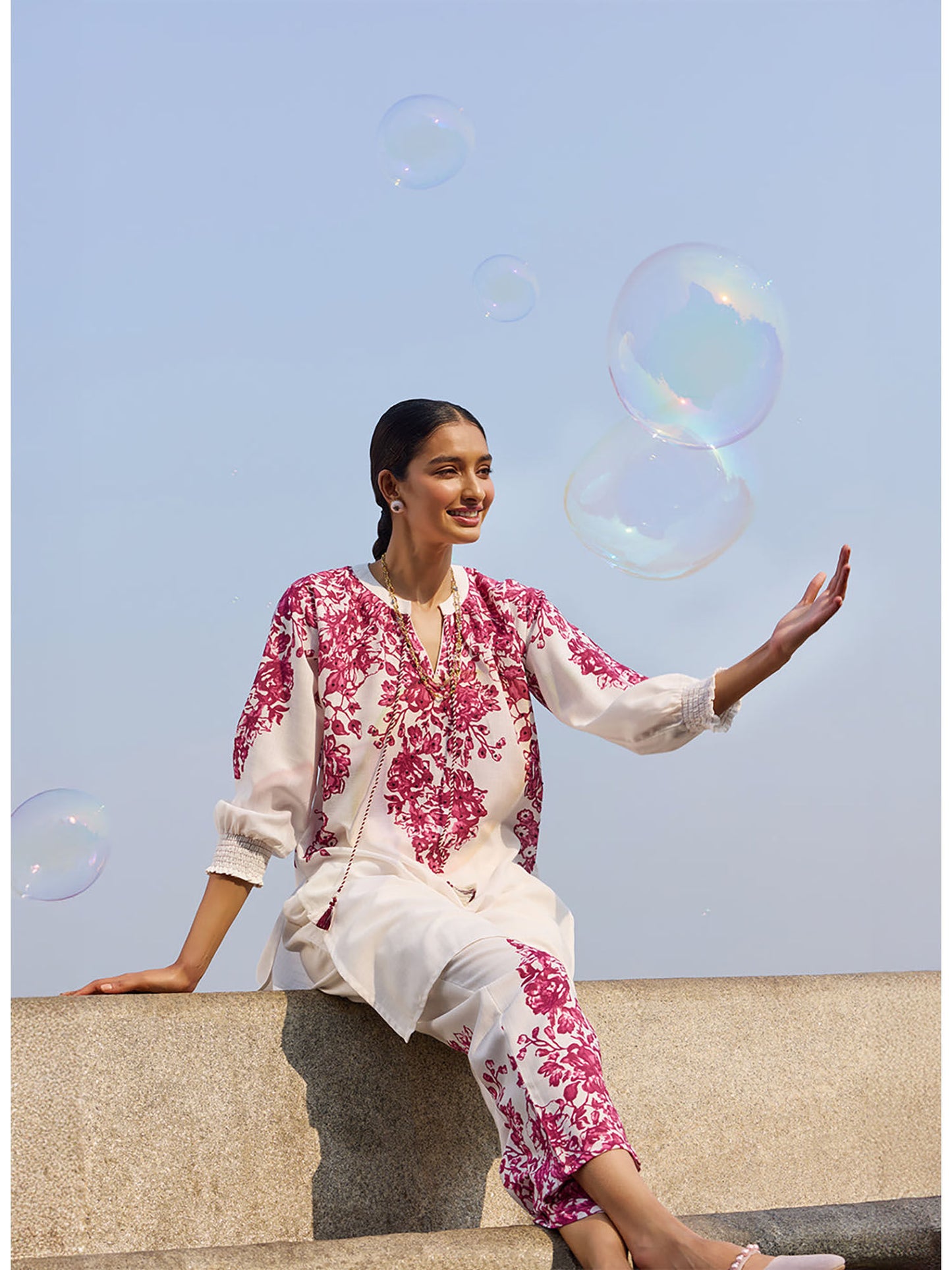 Women Fuchsia Pink Printed Remi Linen Co-Ord (Set of 2)