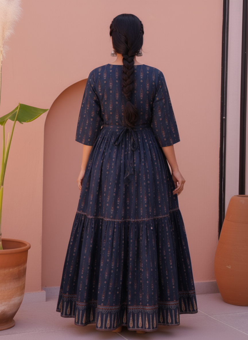 Viscose Floral Anarkali Navy Blue Dress