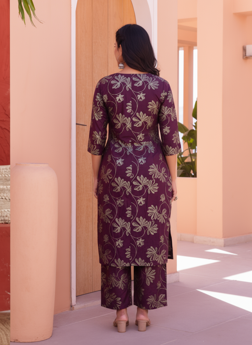 Chanderi Gold foil Flared Purple Kurta
