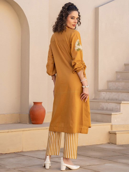 Indo Era Floral Embroidered Pure Cotton Tunic With Trousers Co-Ords