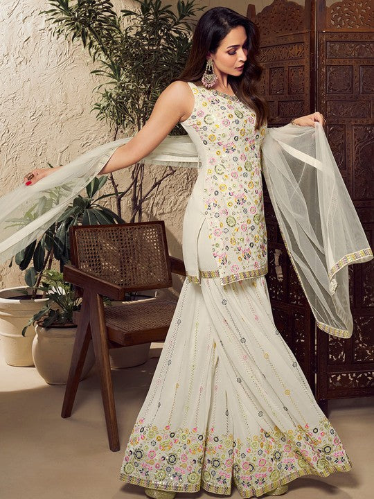 Inddus Floral Multi Thread and Sequins Embroidered Kurta Set