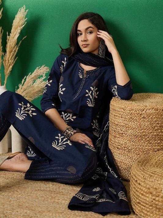 Neck Printed Pure Cotton Kurta With Trousers & Dupatta