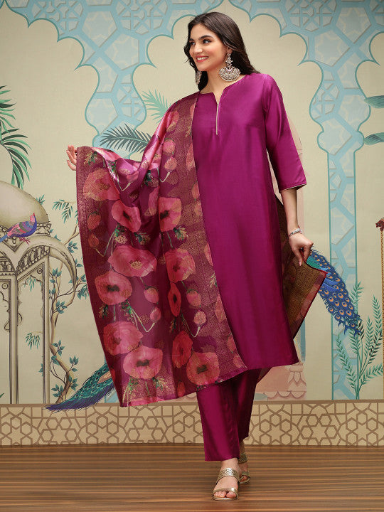 Ishin Notch Neck Silk Crepe Straight A-Line Kurta with Trousers & Dupatta
