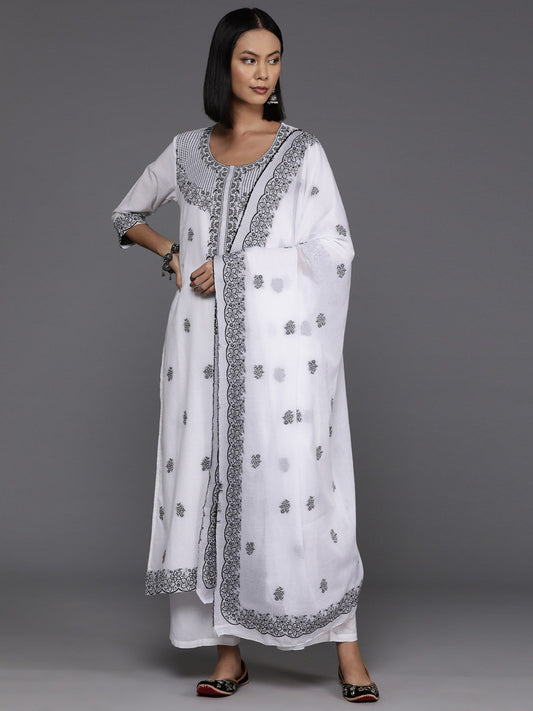 Women White Woven Kurta with Pant and Dupatta (Set of 3)