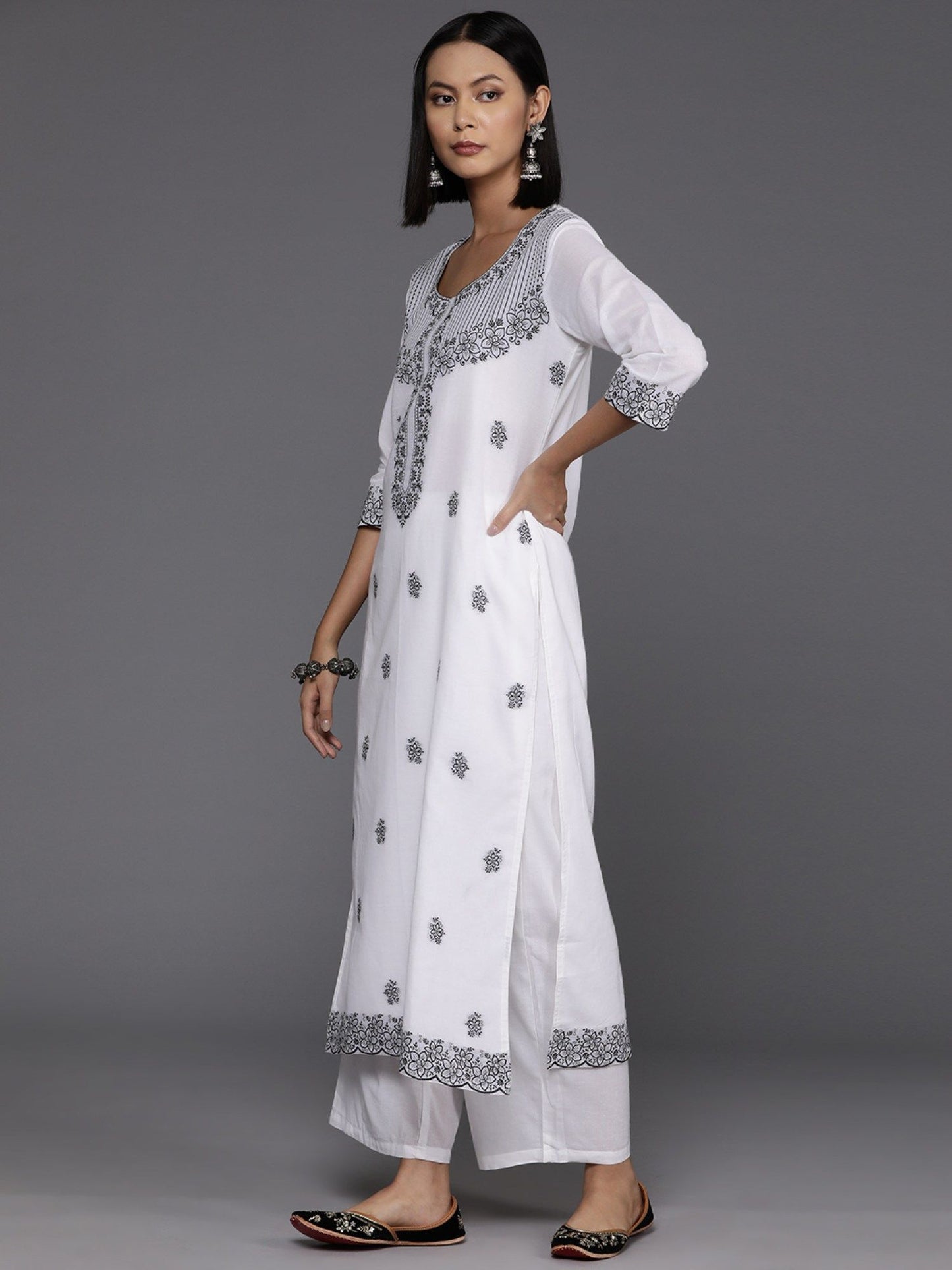 Women White Woven Kurta with Pant and Dupatta (Set of 3)