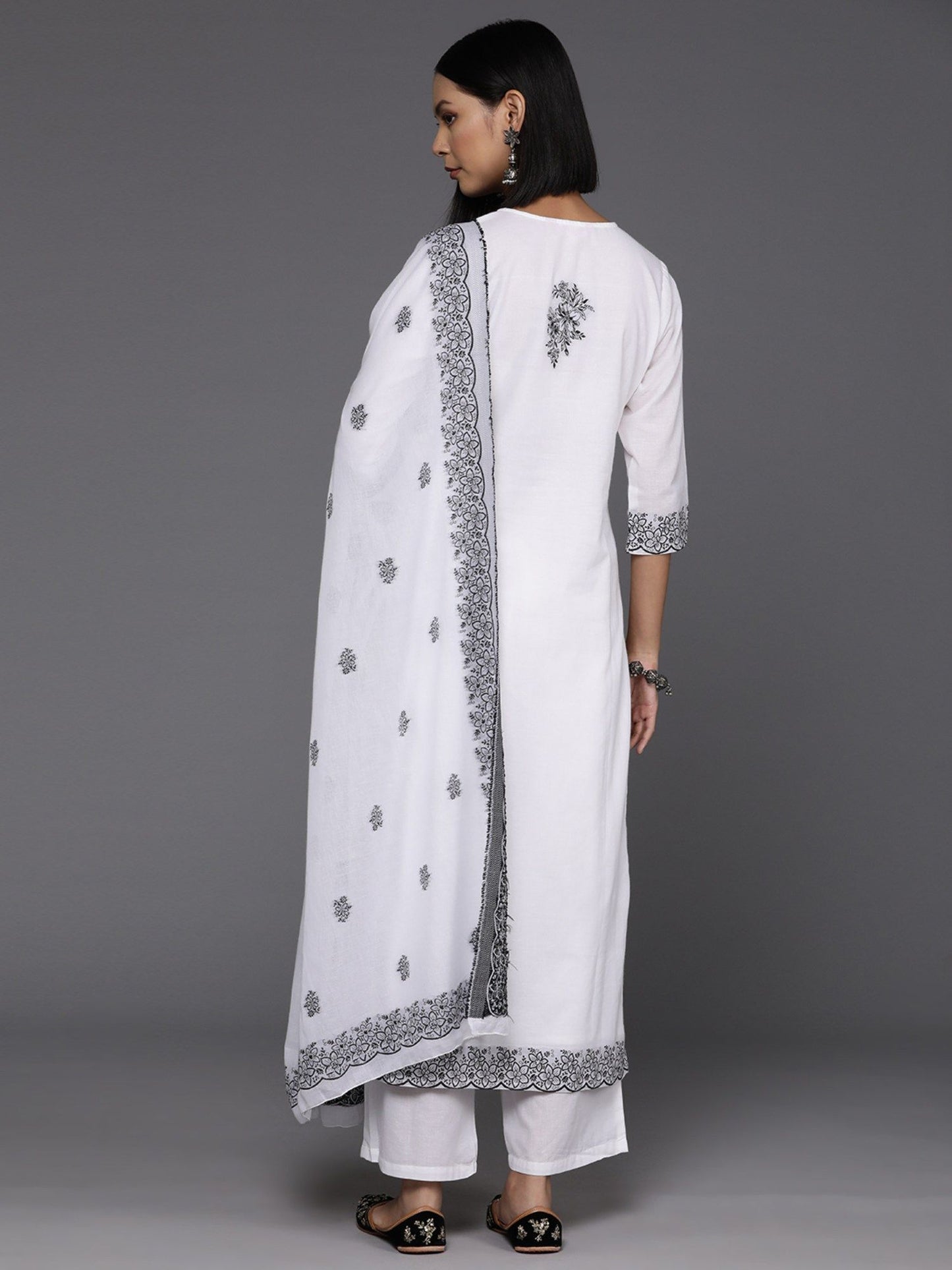 Women White Woven Kurta with Pant and Dupatta (Set of 3)