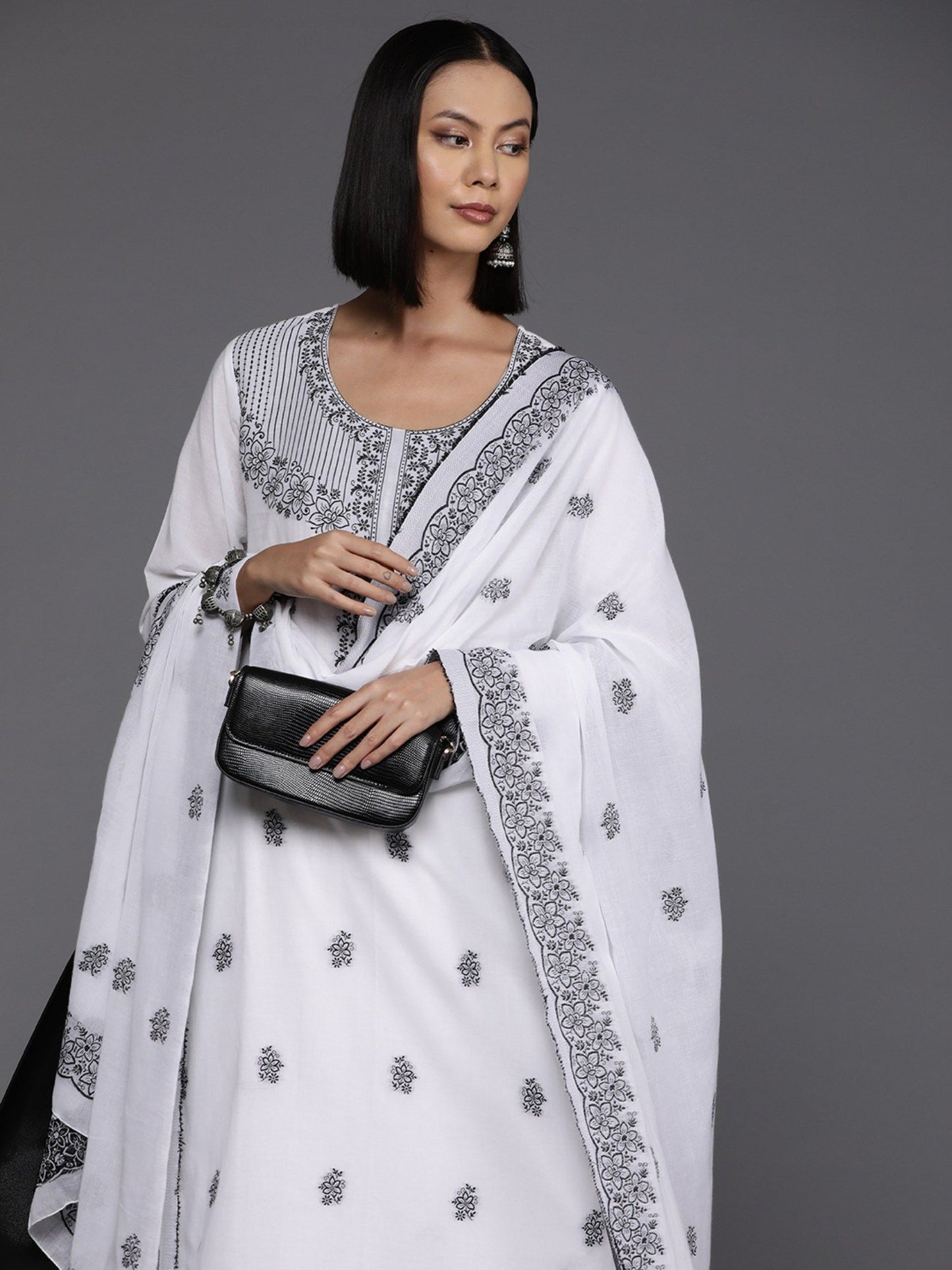 Women White Woven Kurta with Pant and Dupatta (Set of 3)