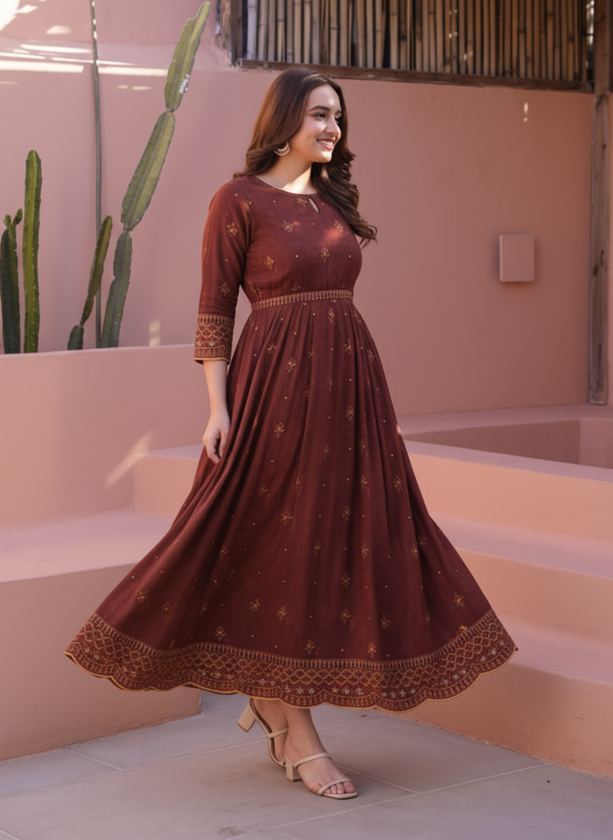 Soft Cotton Ikat A-line Black Kurta
