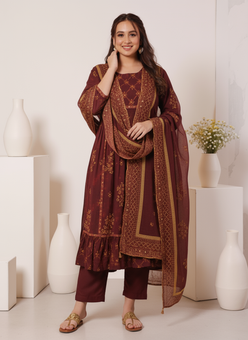 Viscose Floral Anarkali Maroon Kurta