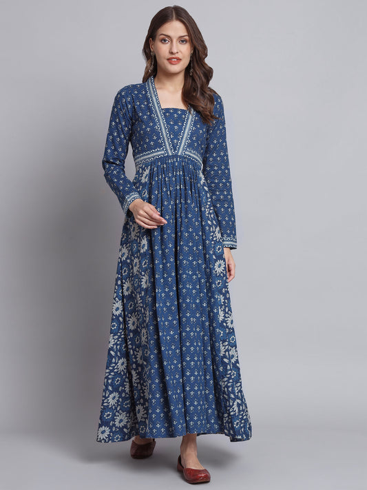 Women Indigo Cotton Block Printed Dress