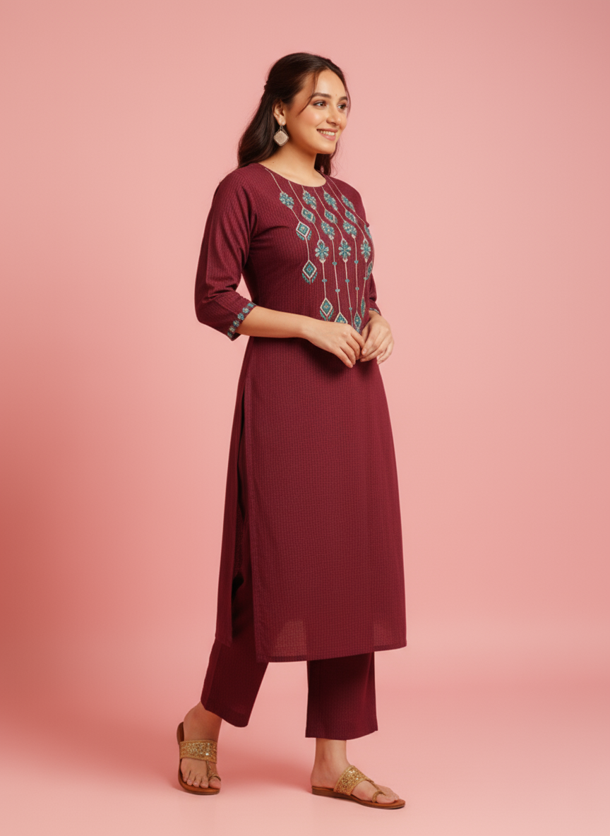 Embroidered Viscose Checked Straight Maroon Kurta