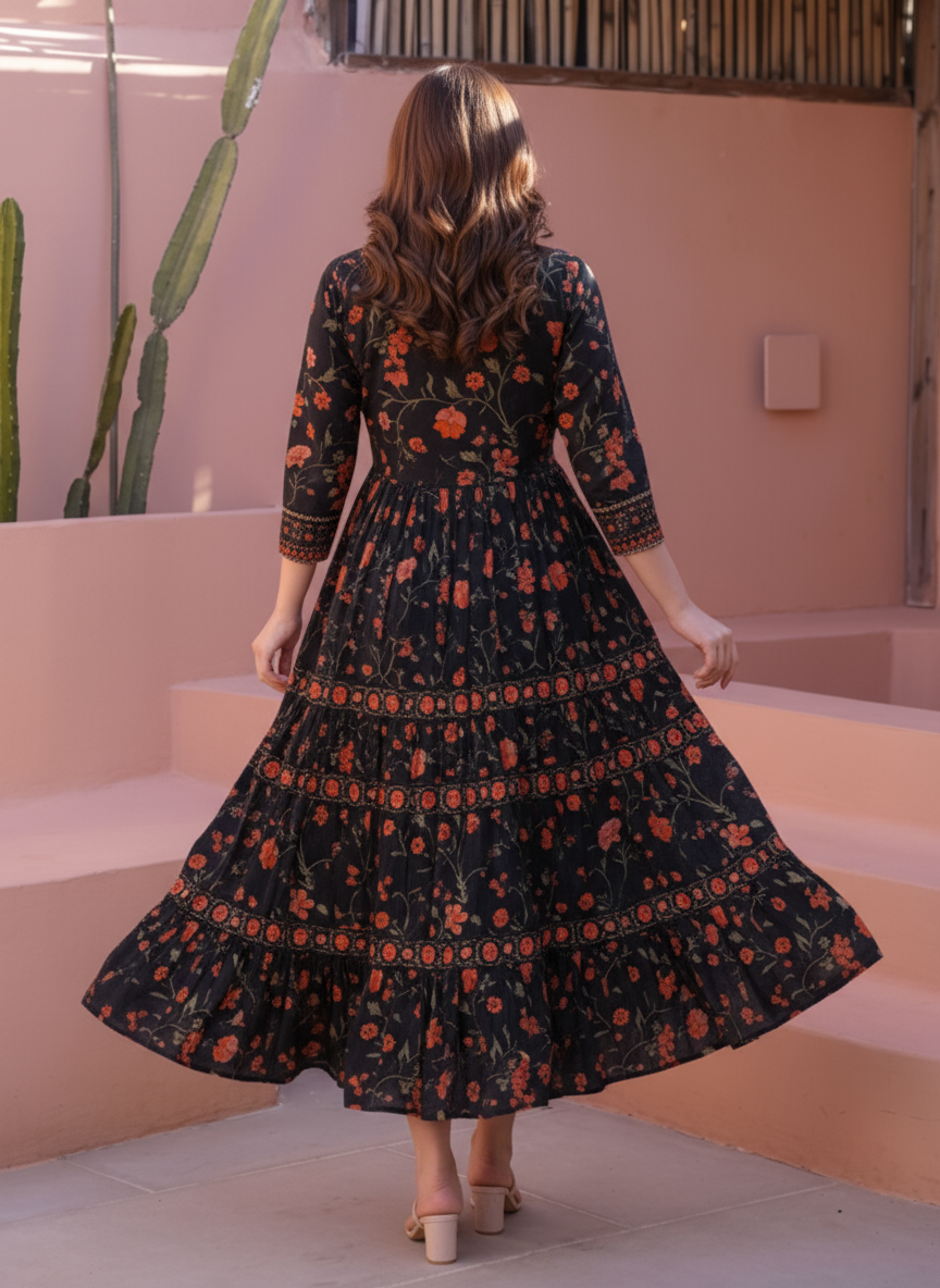 Viscose Floral Anarkali Maroon Dress