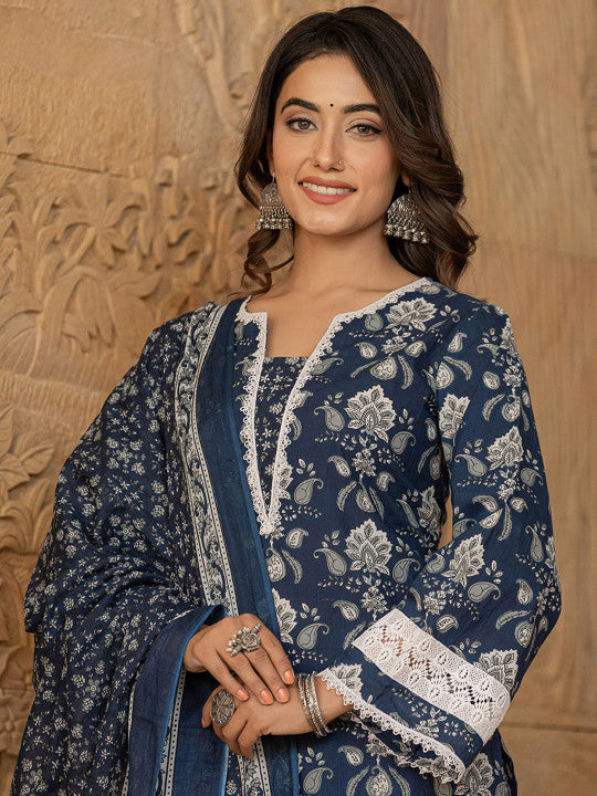 Yufta Floral Yoke Design Regular Pure Cotton Kurta with Trousers & With Dupatta