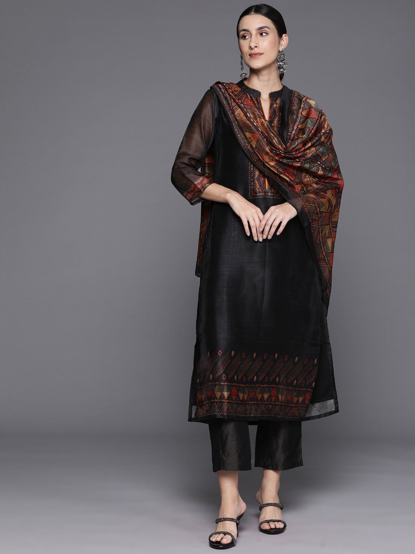 Black Printed Straight Kurta Paired With Solid Pant And Printed Dupatta (Set of 3)