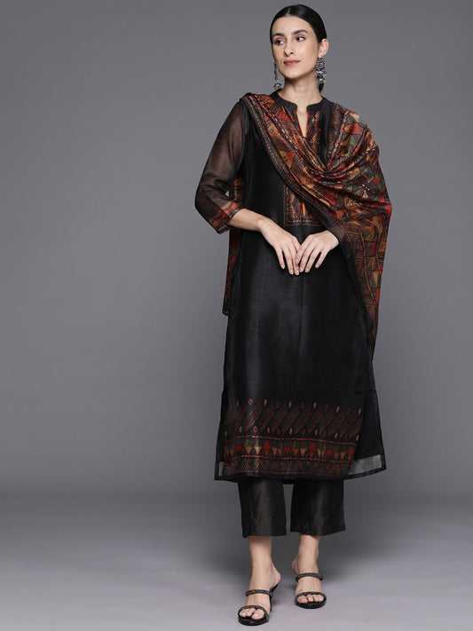 Black Printed Straight Kurta Paired With Solid Pant And Printed Dupatta (Set of 3)