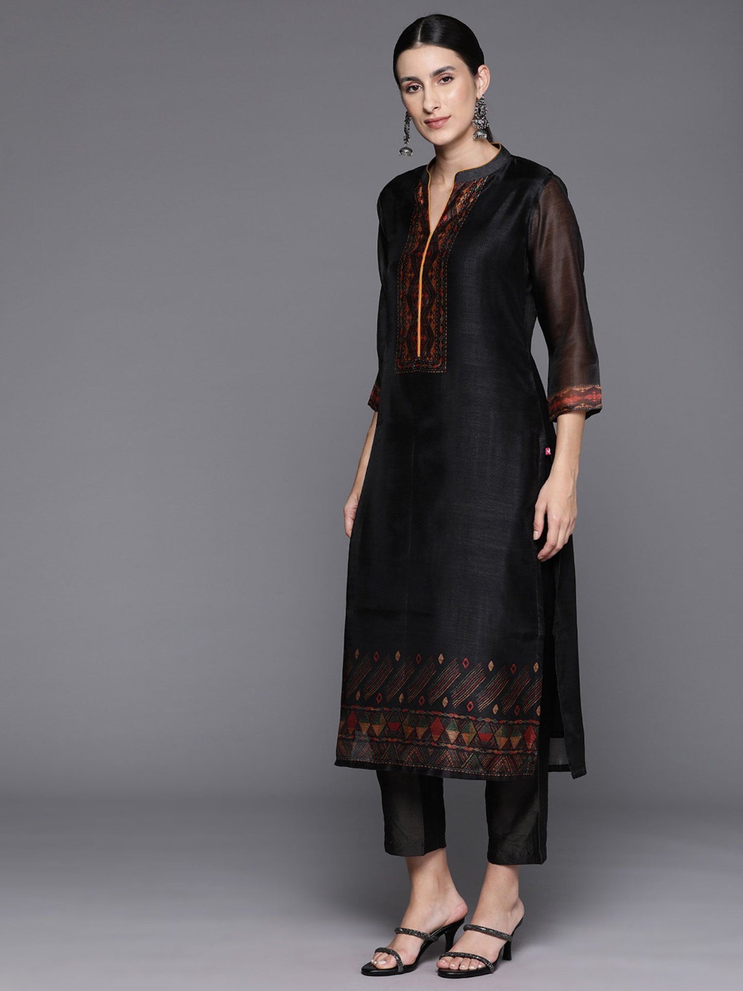 Black Printed Straight Kurta Paired With Solid Pant And Printed Dupatta (Set of 3)
