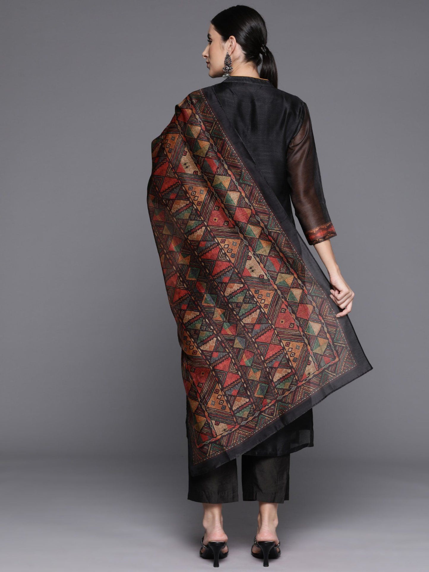 Black Printed Straight Kurta Paired With Solid Pant And Printed Dupatta (Set of 3)