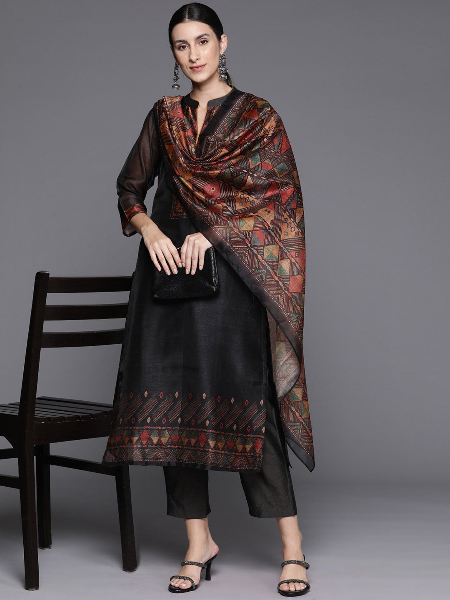 Black Printed Straight Kurta Paired With Solid Pant And Printed Dupatta (Set of 3)