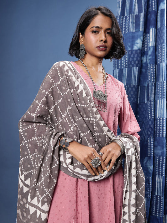 Taavi Woven legacy Pure Cotton Dobby Panelled A-Line Kurta With Palazzos & Dupatta