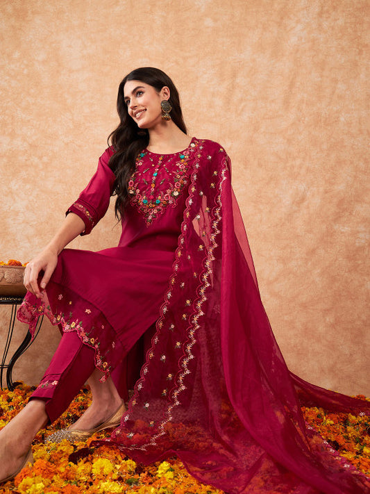Indo Era Embroidered A-Line Kurta With Trousers & Dupatta
