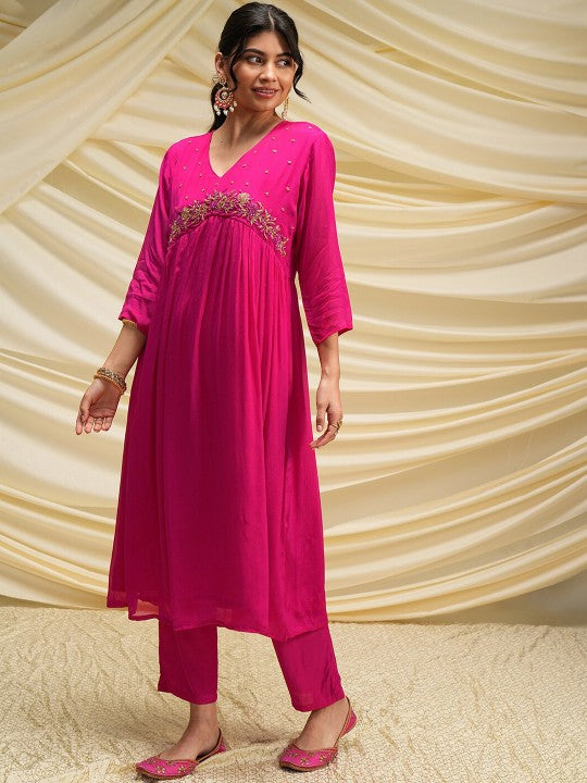 Vishudh Pink Floral Embroidered Beads and Stones Kurta with Palazzos & With Dupatta
