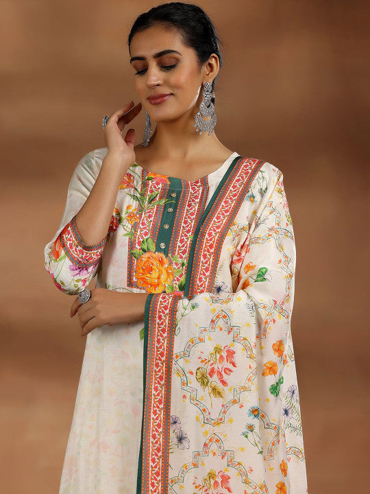 Floral Printed Regular Beads and Stones Kurta with Trousers & Dupatta