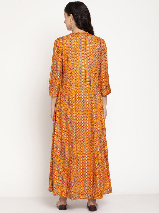 Be Indi Rayon Embroidered and Ethnic Motifs Printed Mandarin Collar Maxi Dress