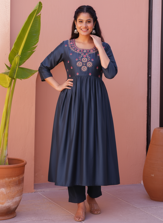 Embroidered Silk Crepe Solid Flared Blue Kurta