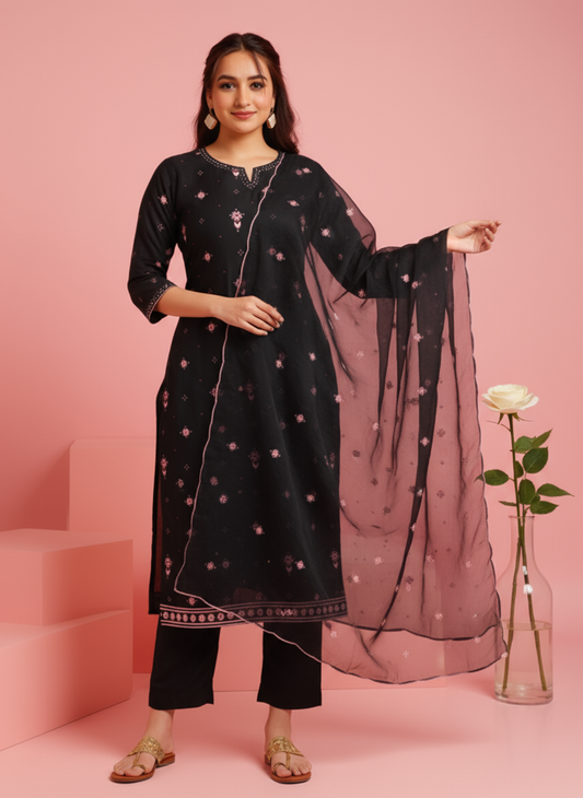 Embroidered Poly Chanderi Geometric Straight Black Kurta