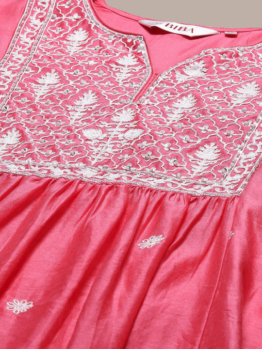 Biba Ethnic Motifs Embroidered Empire Chanderi Silk Kurta With Salwar & Dupatta