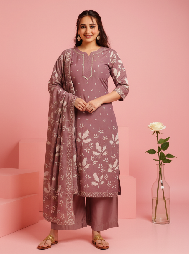 Embroidered Tussar Silk Placement Print Straight Mauve Kurta