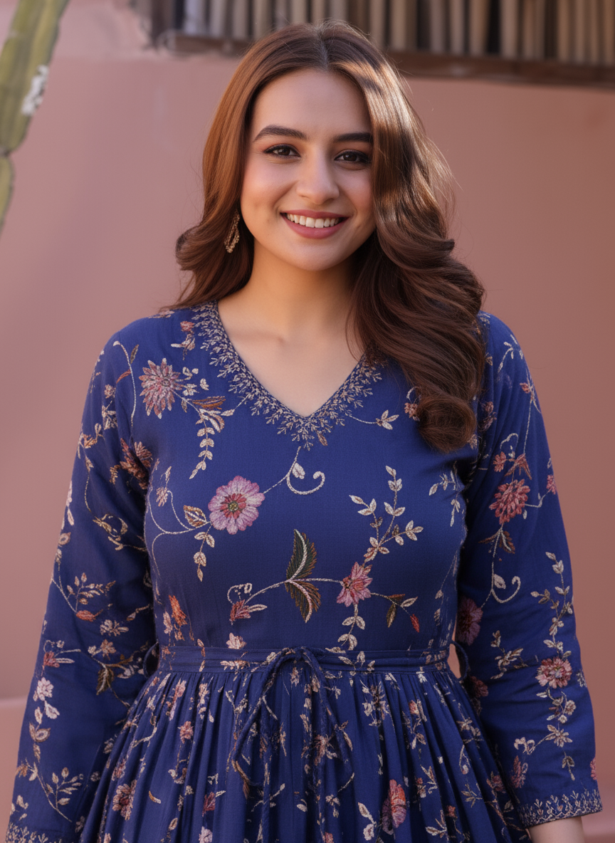 Soft Cotton Foliage Anarkali Black Dress